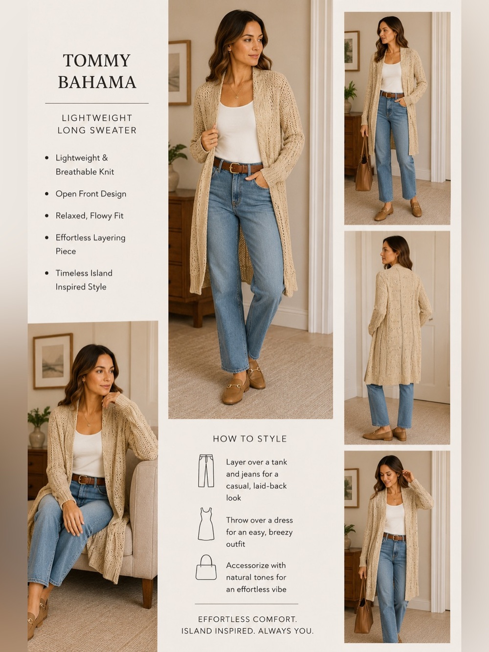 Tommy Bahama Womens Long Open Front Cardigan Sweater Beige Knit Duster Coastal